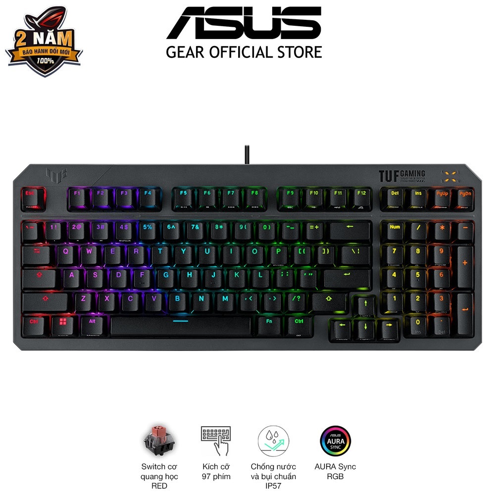 Bàn phím chơi game TUF Gaming K3 GEN II Thiết kế Gasket-Mount với lớp đệm silicon và lớp xốp tiêu âm, chống nước và bụi