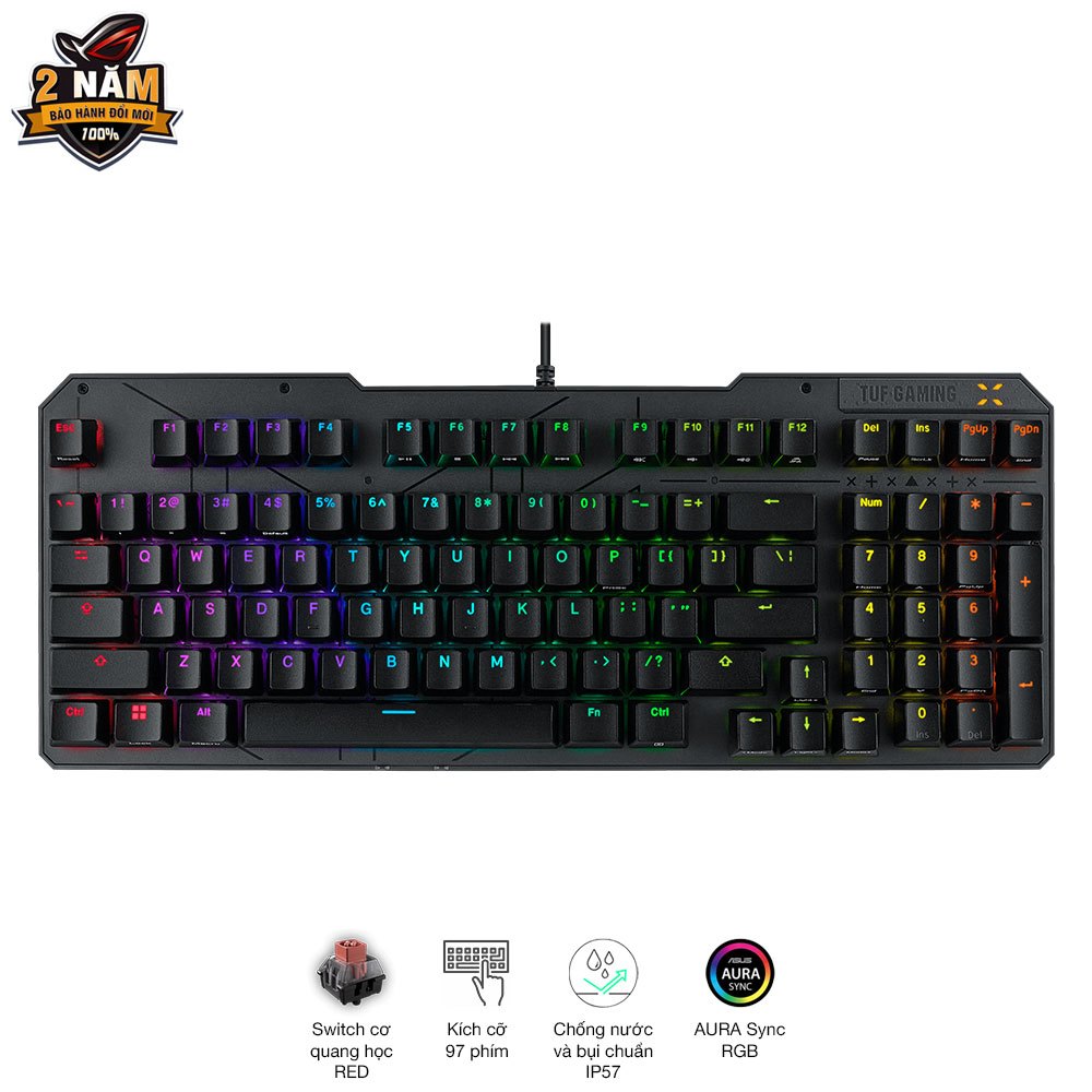 Bàn phím chơi game TUF Gaming K3 GEN II Thiết kế Gasket-Mount với lớp đệm silicon và lớp xốp tiêu âm, chống nước và bụi