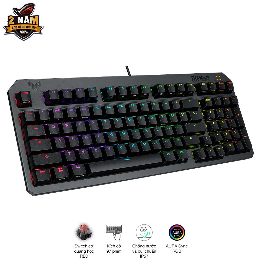 Bàn phím chơi game TUF Gaming K3 GEN II Thiết kế Gasket-Mount với lớp đệm silicon và lớp xốp tiêu âm, chống nước và bụi
