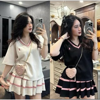 Set Bộ Đồ Nữ Váy Áo Cổ V Ngắn Tay Thêu Ngựa Phối Viền Màu Mix Chân Váy Xếp Ly Phong Cách Năng Động