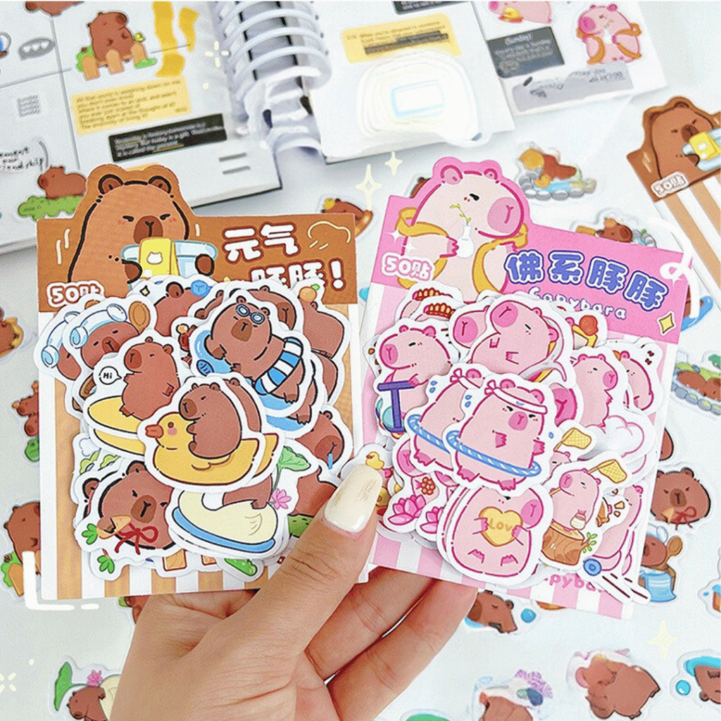 (2 Mẫu) Set 50 Sticker Chuột Lang Capybara Hồng / Nâu Nguyên Bản Xịn Sò ...