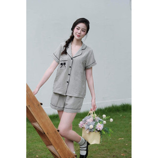 𝗛𝗮̀𝗻𝗴 𝗰𝗵𝗶́𝗻𝗵 𝗵𝗮̃𝗻𝗴 Bộ đồ ngủ mặc nhà pyjama kẻ thêu nơ form rộng xinh xắn - O.N WORKSHOP