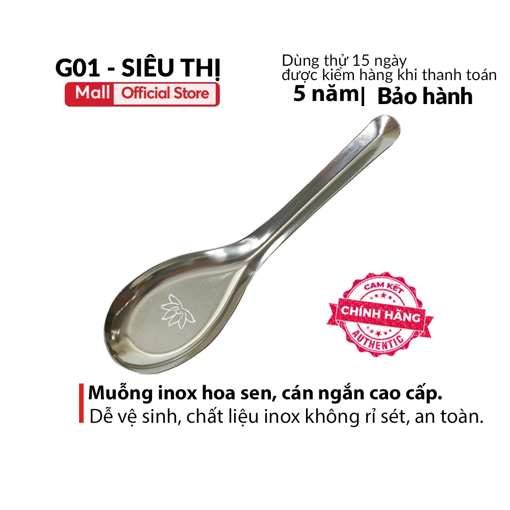 Muỗng inox in hoa sen G01 cán ngắn chịu nhiệt tốt dễ vệ sinh chất liệu ...