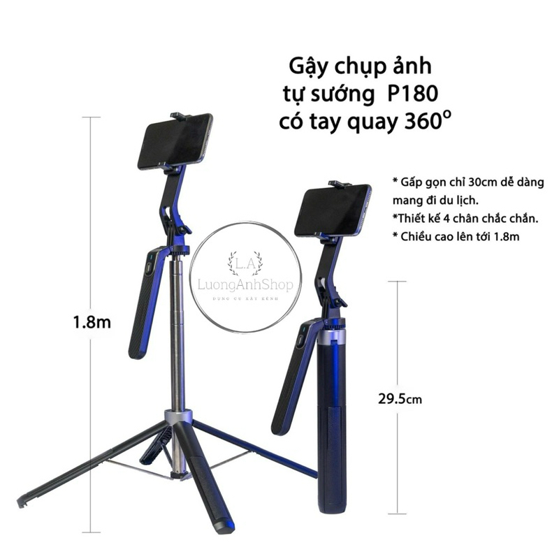 Tripod p180 gấp gọn 30cm cao 1m8 có điều khiển từ xa