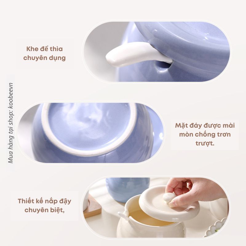 Hũ Thố Gốm Sứ Đựng Mỡ Lợn, Gia Vị 600ml KOOBEE Không Chì Chịu Nhiệt Kèm Thìa Có Nắp Đậy Cao Cấp| 102