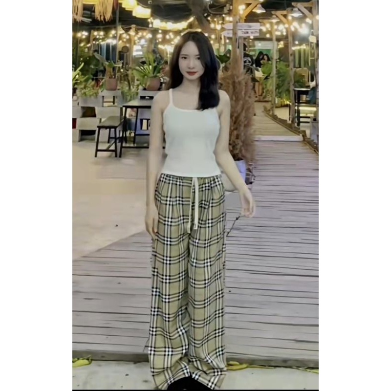 Sét Quần  Ống Rộng Kẻ Caro  Vàng  BBR + Mix Áo Dây Bún Xinh Xắn