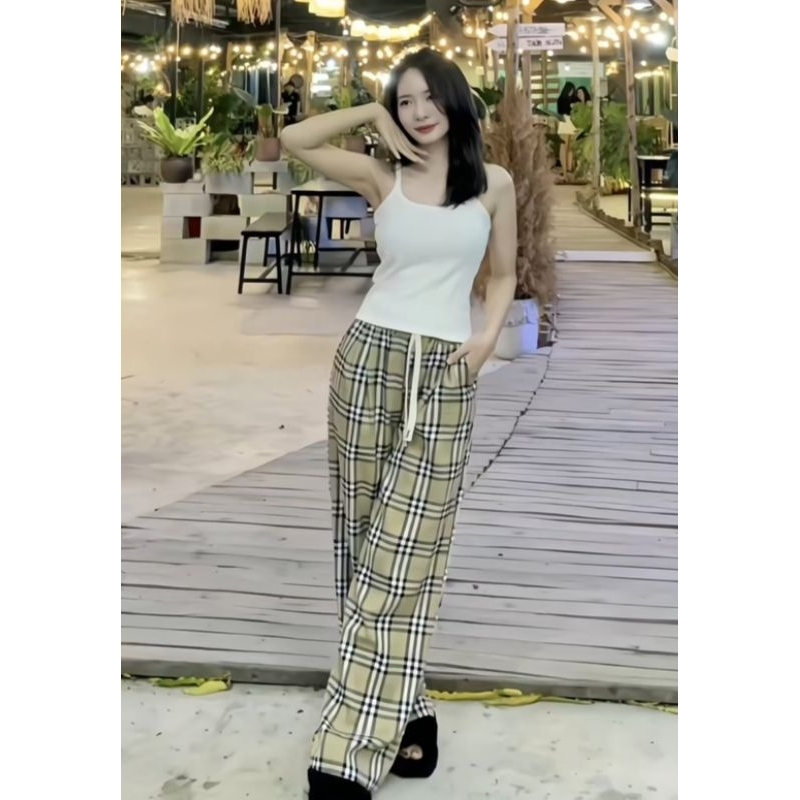 Sét Quần  Ống Rộng Kẻ Caro  Vàng  BBR + Mix Áo Dây Bún Xinh Xắn