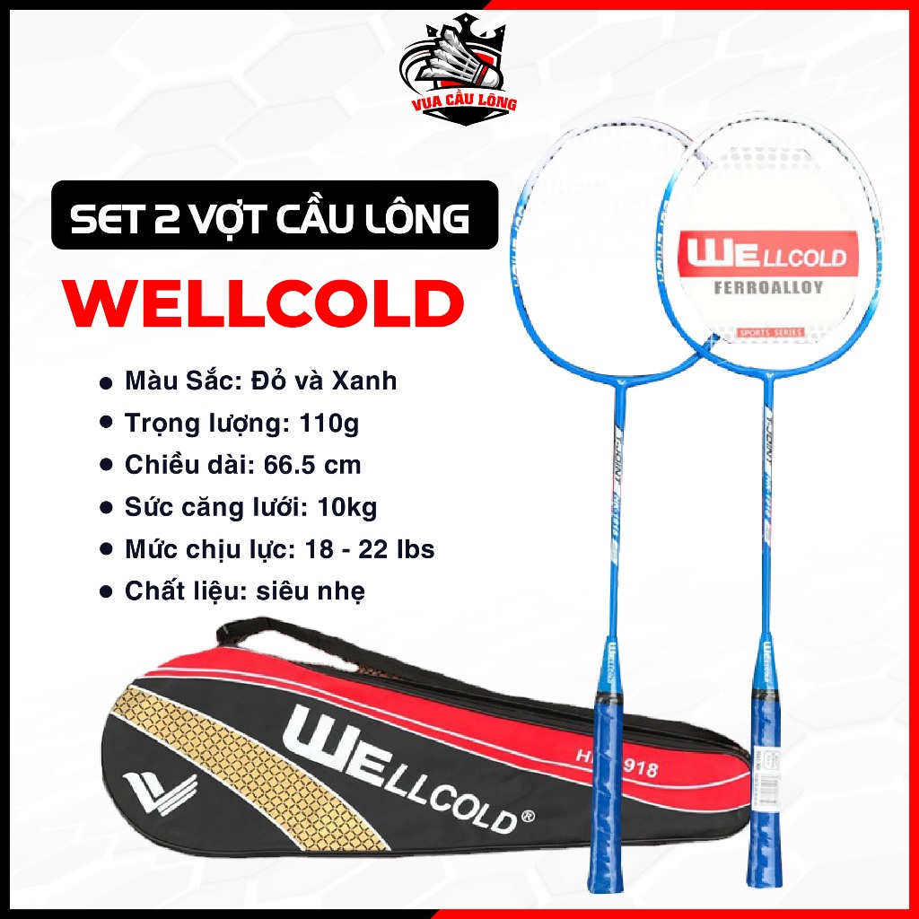 Bộ 2 vợt cầu lông cán liền Wellcold chính hãng giá rẻ và bền, chất liệu ...