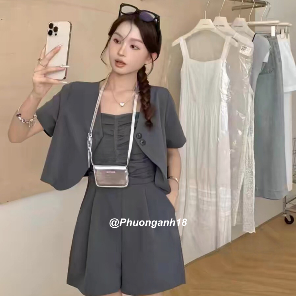 Set 2 món Jum kèm áo blazer khoác ngoài có đệm vai chất kaki (hàng có sẵn)