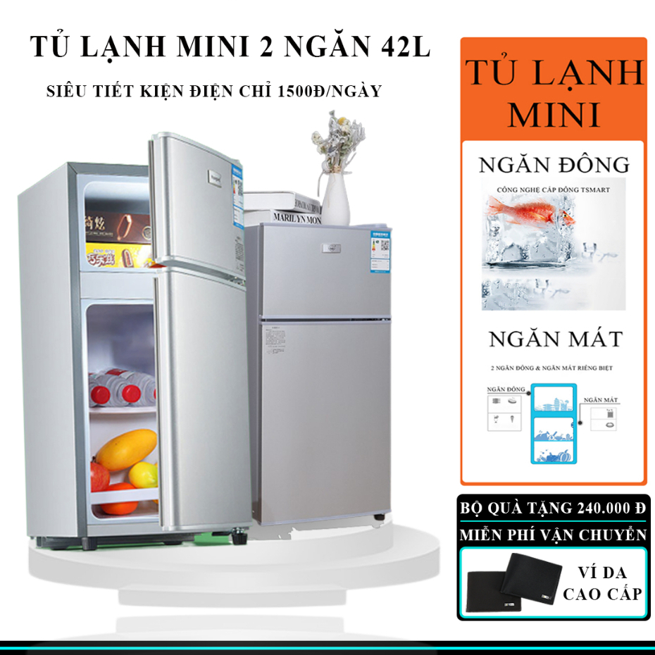 Tủ lạnh mini, tủ lạnh 2 cánh làm lạnh nhanh ngăn đá và ngăn lạnh giữ đồ luôn tươi mới, siêu nhỏ gọn tiết kiệm điện