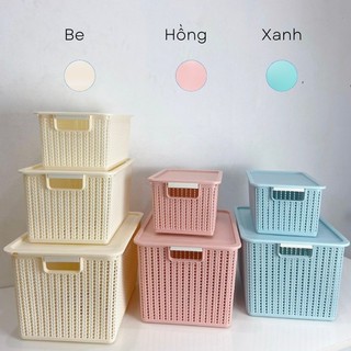 Rổ đan mây có nắp 3 size nhựa Việt Nhật 3415, Giỏ đựng quần áo, dụng cụ nhà bếp tiện dụng { H }
