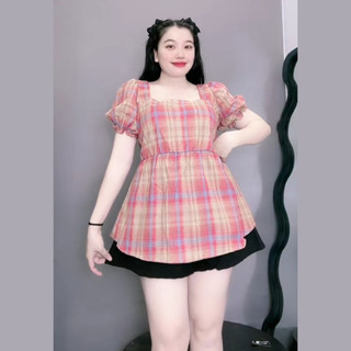 Set Đồ Nữ Bigsize Áo Babydoll Tay Phồng Kẻ Caro Và Quần Đùi Chữ A Lưng Chun Co Giãn SET67
