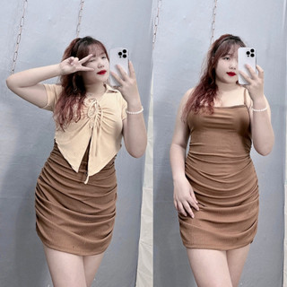 Đầm body bigsize tay ngắn dáng váy ngắn kèm áo thun kiểu rút dây vòng 1 sành điệu G95