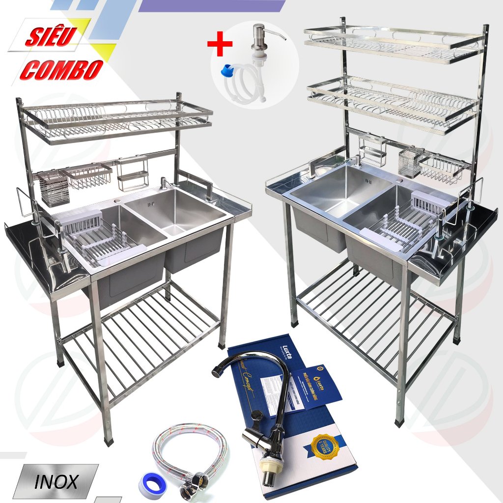 COMBO Chậu Inox Có Chân Kèm Kệ Úp Chén Đa Năng - Chậu 2 hộc Kệ chén 1 ...