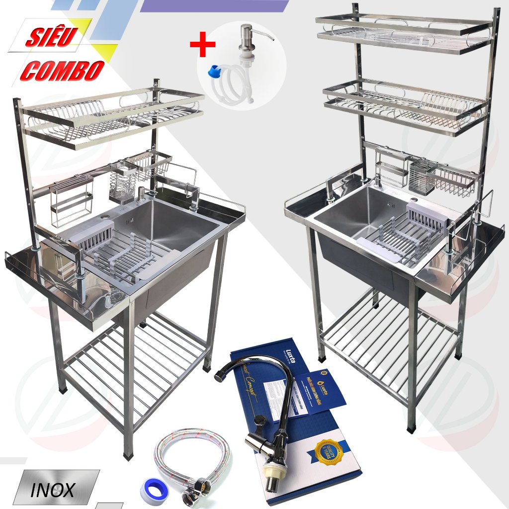 COMBO Chậu Inox 1 Hộc Có Chân Kèm Kệ Úp Chén Đa Năng - Gồm chậu, chân ...