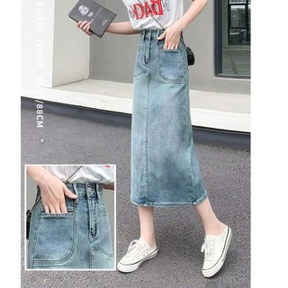 Chân váy Bò jean Retro cạp cao túi hộp Avo Acocado dáng chữ A xẻ tà phong cách