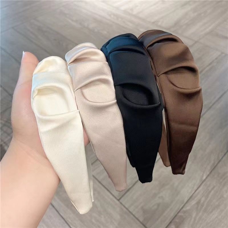 Bờm Tóc,Băng Đô Cài Tóc Bản Rộng Màu Trơn Vải Lụa Xếp Ly Nhún Dễ Thương Phong Cách Hàn Quốc Cho Nữ