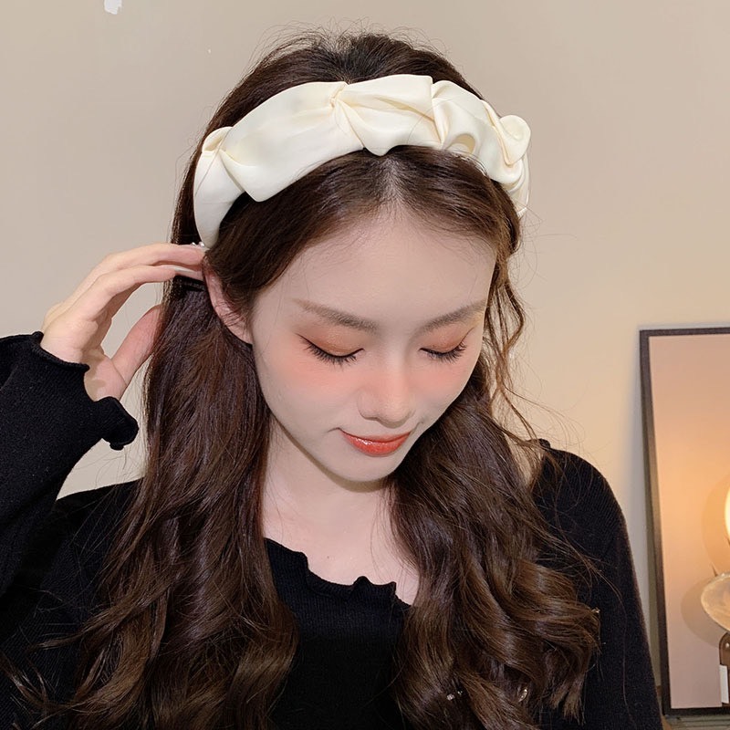 Bờm Tóc,Băng Đô Cài Tóc Bản Rộng Màu Trơn Vải Lụa Xếp Ly Nhún Dễ Thương Phong Cách Hàn Quốc Cho Nữ