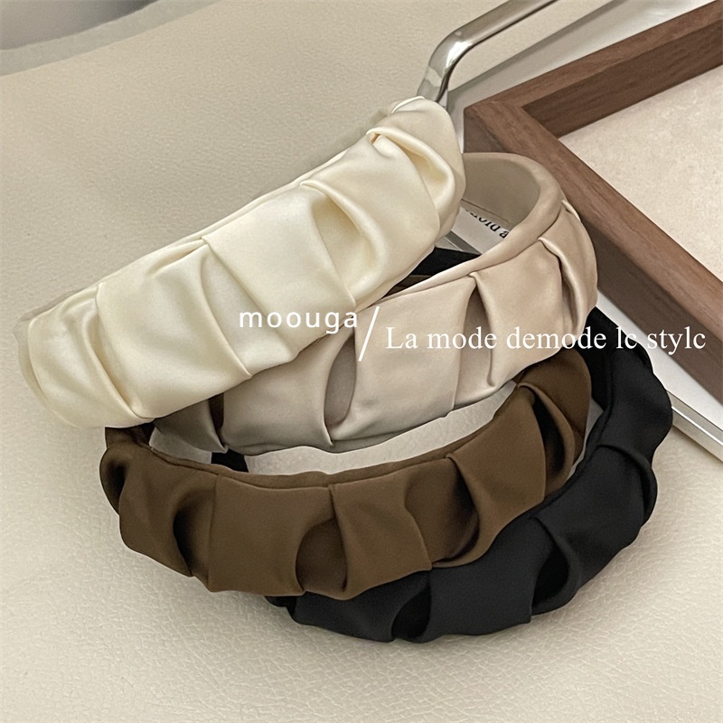 Bờm Tóc,Băng Đô Cài Tóc Bản Rộng Màu Trơn Vải Lụa Xếp Ly Nhún Dễ Thương Phong Cách Hàn Quốc Cho Nữ