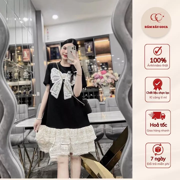Đầm bầu suông. Đầm bầu mùa hè dáng suông đính nơ ngực điệu đà chất vải Cottong mềm mát thoải mái.