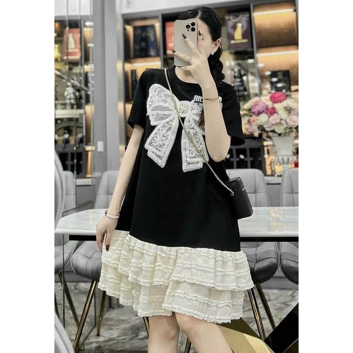 Đầm bầu suông. Đầm bầu mùa hè dáng suông đính nơ ngực điệu đà chất vải Cottong mềm mát thoải mái.