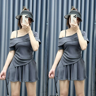 Set đồ nữ áo trễ vai vạt chéo có dây rút eo kèm quần đùi xòe giả váy CÓ BIGSIZE SET823