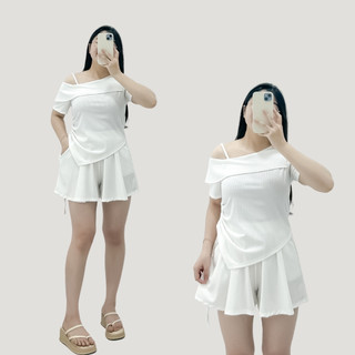 Set Đồ Nữ Bigsize Áo Trễ Vai Vạt Chéo Eo Che Bụng Kèm Quần Đùi Xòe Lưng Chun Vải Thun Gân SET823