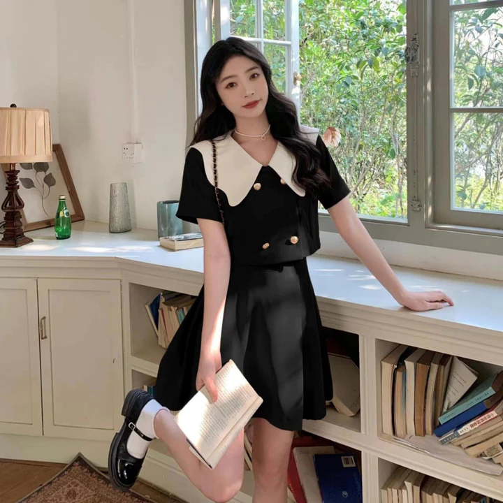 Set Váy Ngắn Tiểu Thư Áo Croptop Kèm Chân Váy Ngắn Có Bảo Hộ Vải Cotton Lạnh CÓ BIGSIZE SET829