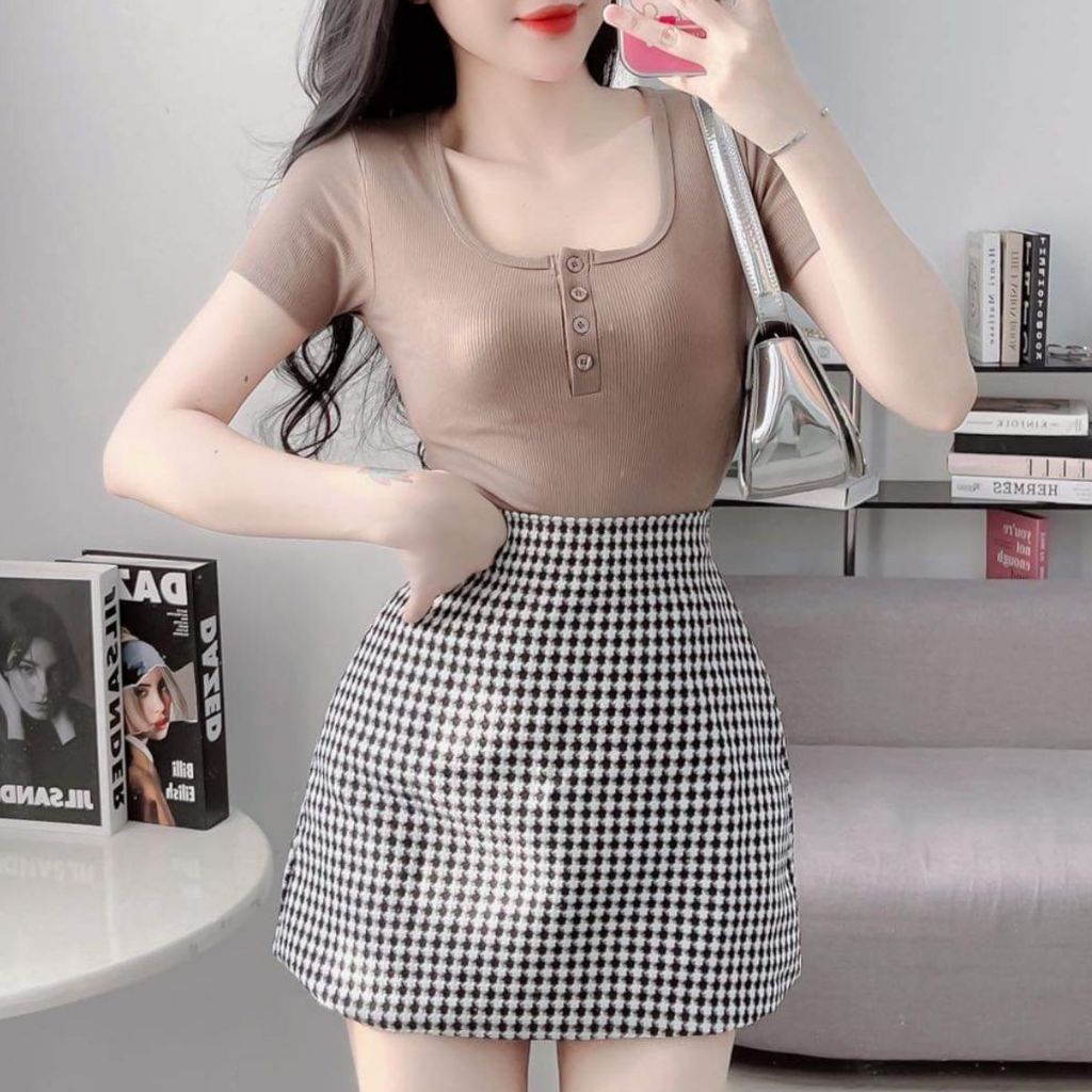 Áo Thun Nữ Tay Ngắn Bigsize - Áo Kiểu Nữ Cổ Vuông Có Nút ESHOP Chất Thun Tăm Lạnh Thoáng Mát MS201