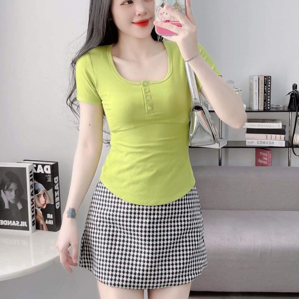Áo Thun Nữ Tay Ngắn Bigsize - Áo Kiểu Nữ Cổ Vuông Có Nút ESHOP Chất Thun Tăm Lạnh Thoáng Mát MS201