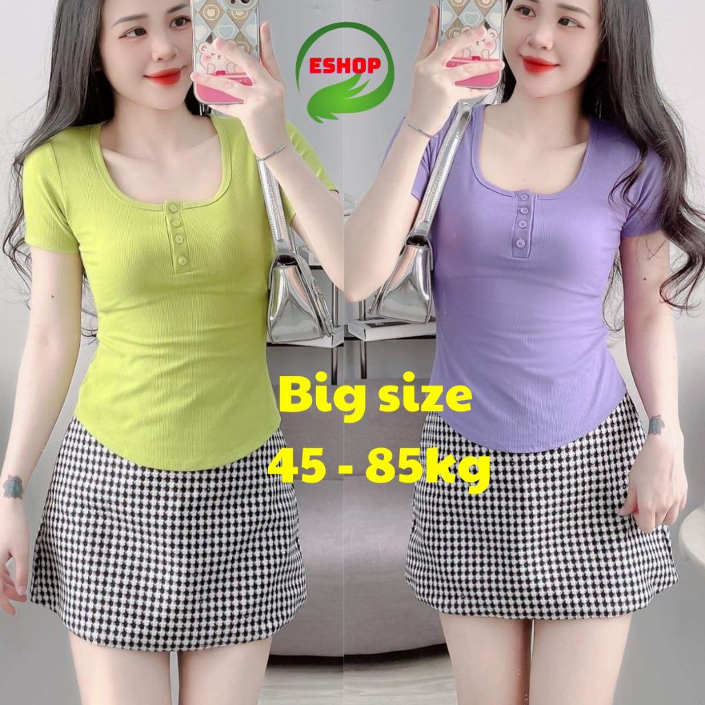 Áo Thun Nữ Tay Ngắn Bigsize - Áo Kiểu Nữ Cổ Vuông Có Nút ESHOP Chất Thun Tăm Lạnh Thoáng Mát MS201