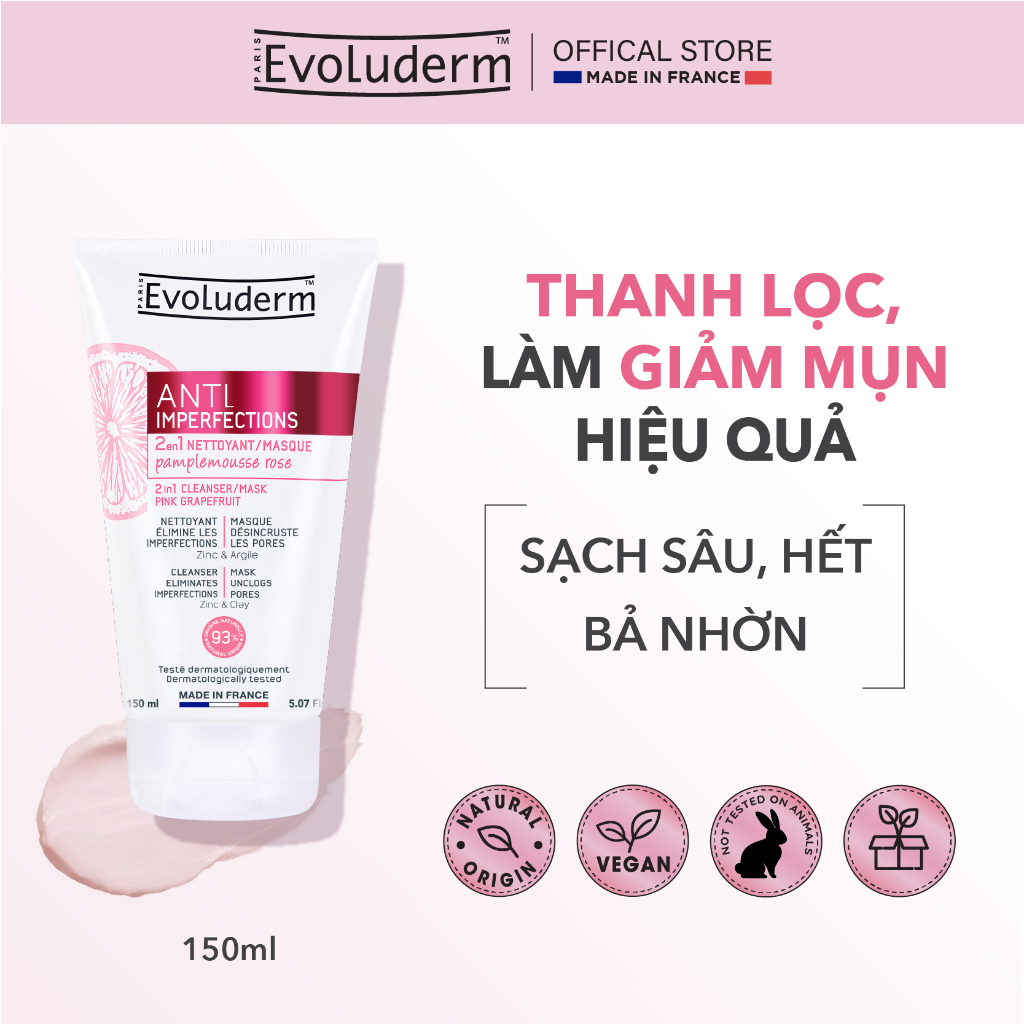 Ảnh Sữa rửa mặt / Mặt nạ 2in1 chiết xuất Pink GrapeFruit giúp ngăn ngừa mụn dành cho da dầu mụn Evoluderm 150ml 1
