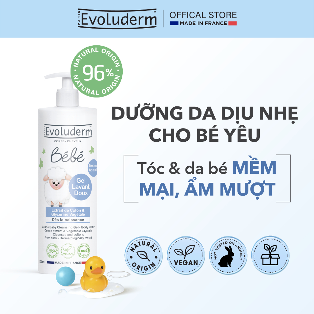 Ảnh Gel tắm gội làm sạch dưỡng ẩm toàn thân cho em bé Chính hãng Evoluderm 500ml 1