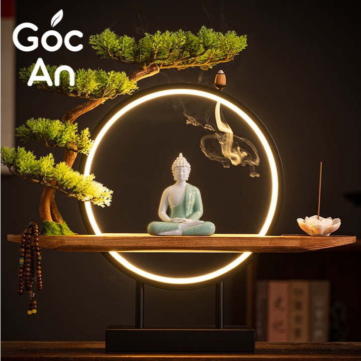 Tượng Phật Thích Ca Mâu Ni Ngồi Thiền Chất Liệu Gốm Tử Sa Cao Cấp Kèm Kệ Đèn Led