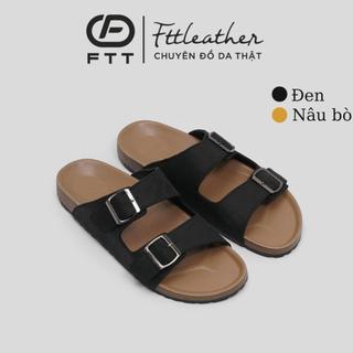 Dép đế trấu quai ngang 2 khóa da bò Fttleather cho nam nữ thời trang unisex thấm hút mồ hôi chân