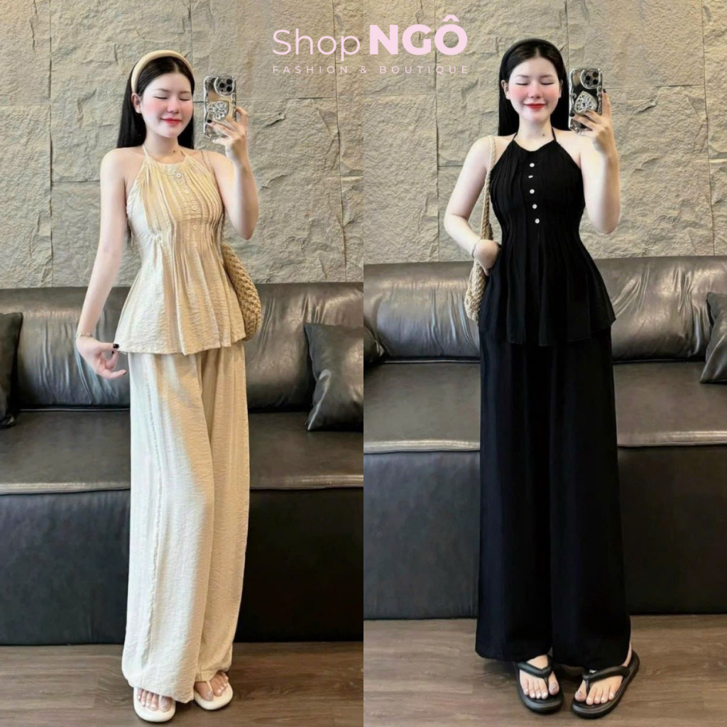 Set bộ dài - Set bộ đồ nữ mặc đi chơi chất đũi vân mây áo cổ dây yếm xoè chạy mocking nút hở lưng quần dài suông dài