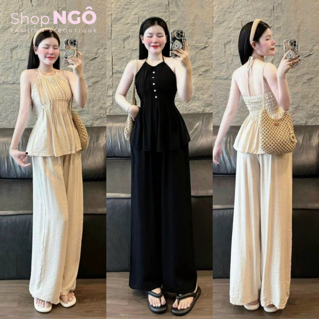 Set bộ dài - Set bộ đồ nữ mặc đi chơi chất đũi vân mây áo cổ dây yếm xoè chạy mocking nút hở lưng quần dài suông dài