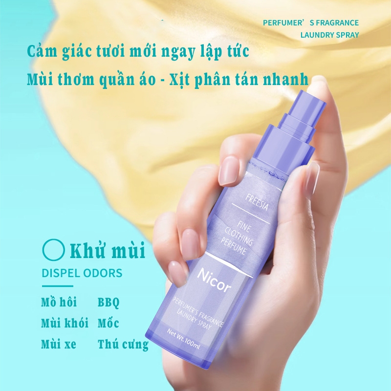 Xịt thơm quần áo Nicor giúp phân hủy mùi hôi và phát tán hương thơm bền lâu suốt cả ngày