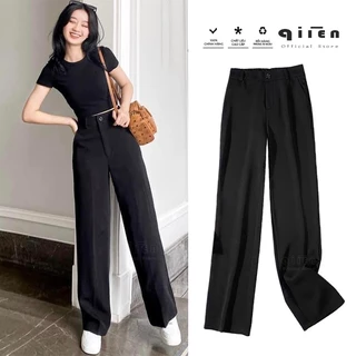 Quần Ống Suông Cạp Cao QIIEN, Quần Ống Rộng Nữ Khóa Trước, Vải Cao Cấp Xuất Hàn CV026