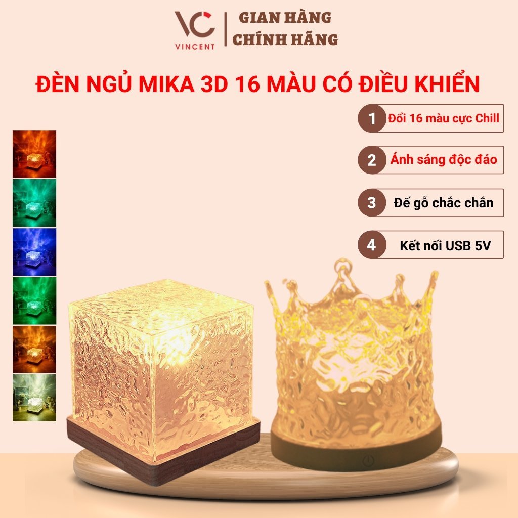 Đèn ngủ để bàn VINCENT LED,đèn led MIKA 3D chiếu hình sóng nước cực chill,có điều khiển 16 màu trang trí decor phòng