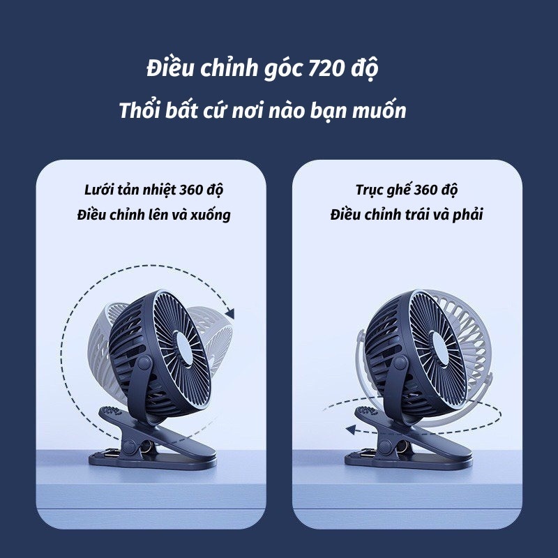 Quạt Tích Điện Mini Để Bàn Làm Việc, Kẹp Xe Đẩy Cho Bé Chắc Chắn