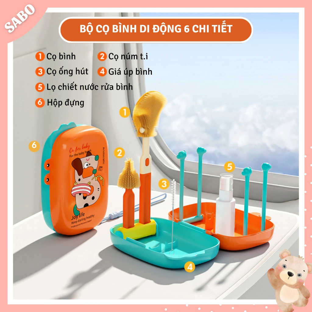 Bộ Hộp Cọ Bình Joy Life 6 Chi Tiết Di Động Vừa Cọ Bình,Vừa Úp Bình Tiện Lợi, Vệ Sinh, Nhỏ Gọn Dễ Man