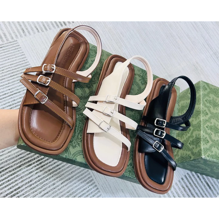 Sandal nữ, sandal học sinh nữ, sandal xẹp nữ MAILIAA 3 quai nút đế xẹp mềm đi êm