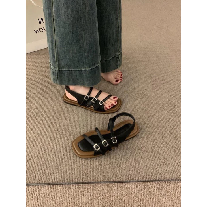 Sandal nữ, sandal học sinh nữ, sandal xẹp nữ MAILIAA 3 quai nút đế xẹp mềm đi êm