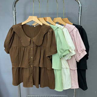 Áo Sơ Mi Bigsize Nữ Kiểu Babydoll Tay Ngắn Phồng Vạt Xếp Tầng Cổ Tiểu Thư Dễ Thương Vải Xốp Đôi SM163