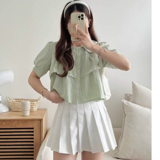 Áo Sơ Mi Bigsize Nữ Kiểu Babydoll Tay Ngắn Phồng Vạt Xếp Tầng Cổ Tiểu Thư Dễ Thương Vải Xốp Đôi SM163