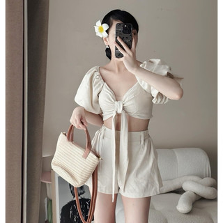 [S2.754] Set Linen Tiêu 2 Lớp Áo Thắt Nơ Ngực Có Đệm Mix Quần Đùi 2 Lớp Cạp Chun 2 Màu