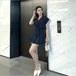 Set Bộ Đồ Nữ Xanh Than Kẻ Sọc Áo Thiết Kế Tay Hến Cổ Vest Mix Chân Váy Xếp Ly Dáng Ngắn