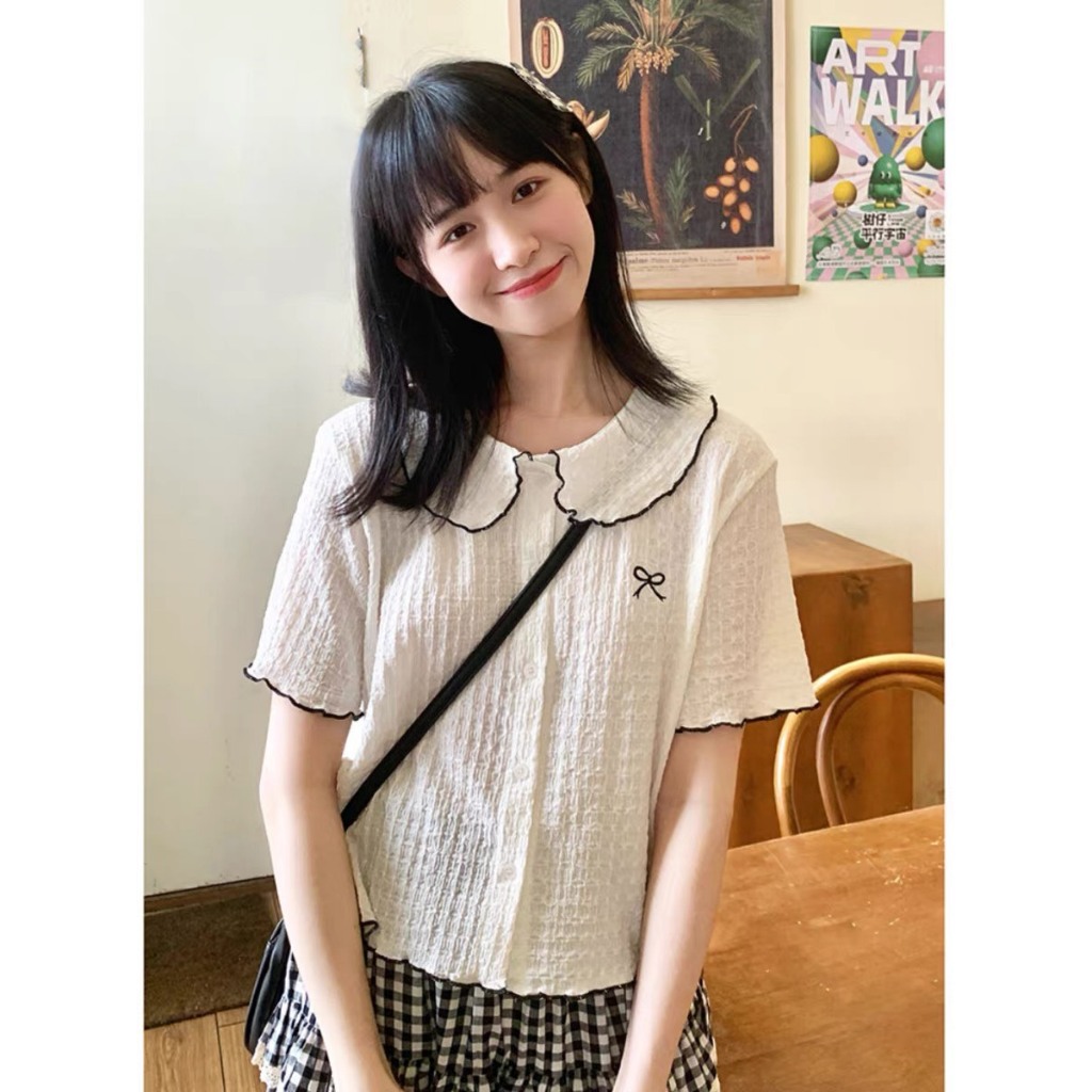 Áo sơ mi nữ cổ sen ngắn tay thêu nơ đũi xốp hàn,  áo cộc tay nữ form vừa co dãn Basic Dễ Mặc Thoải Mái (A143) huyenstore