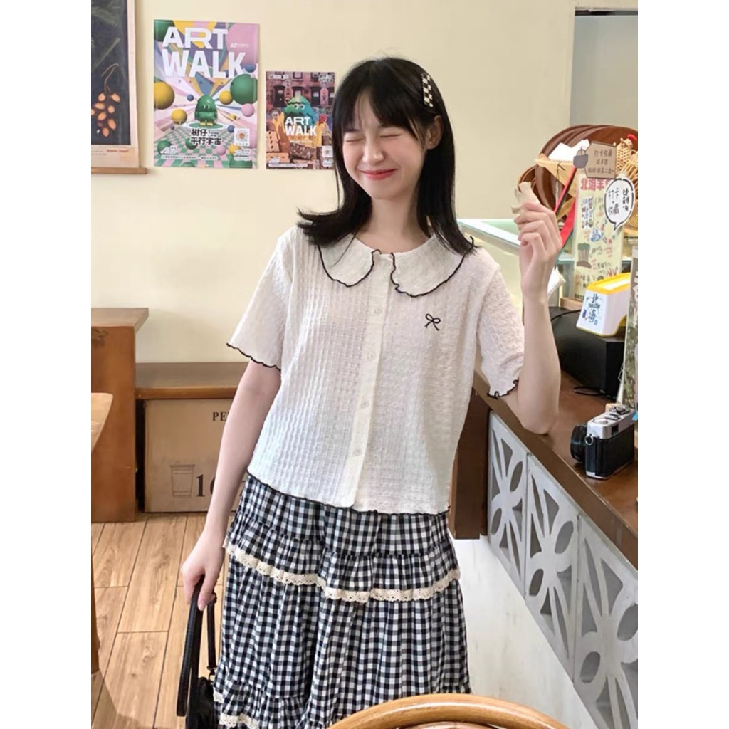 Áo sơ mi nữ cổ sen ngắn tay thêu nơ đũi xốp hàn,  áo cộc tay nữ form vừa co dãn Basic Dễ Mặc Thoải Mái (A143) huyenstore
